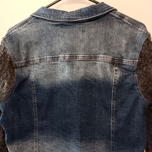 Silver Jeans Co XL Hybrid Denim Jean Jacket Gray Cable Knit Sweater Sleeves - Picture 8 of 13